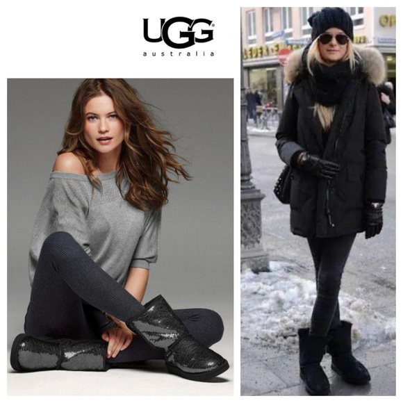 UGG Australia Classic Short Boots Sz 8 Black Sequin Sparkle Y2K Sheepskin - Picture 1 of 12
